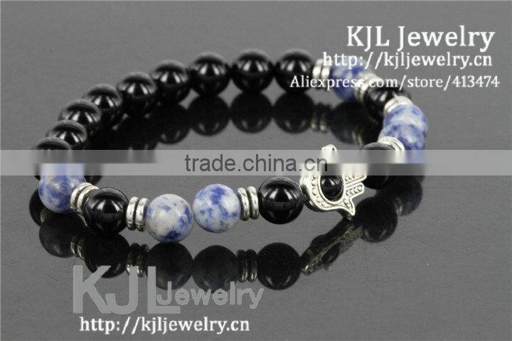 KJL-A0246 wholesale silver hamsa palm charm bracelet,natural agate stone beaded evil eye bracelet bangle