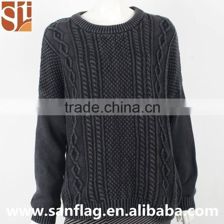 New style men round collar long sleeve jumper tops unisex christmas cotton free pattern machine knit sweater with acid wash