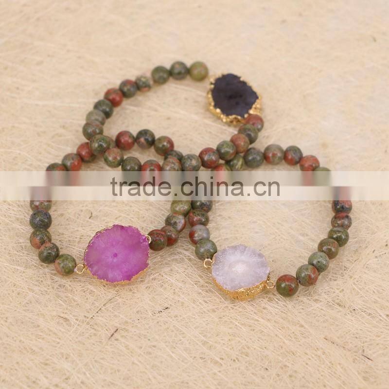 Natural Unakite Stone Beaded Bracelets, Solar Quartz Connector Beads Druzy Gemstone Bracelets