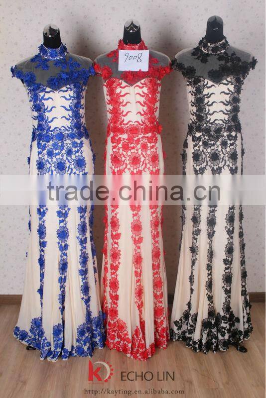 Elegant embroidery high neck cap sleeve tulle long red evening dress