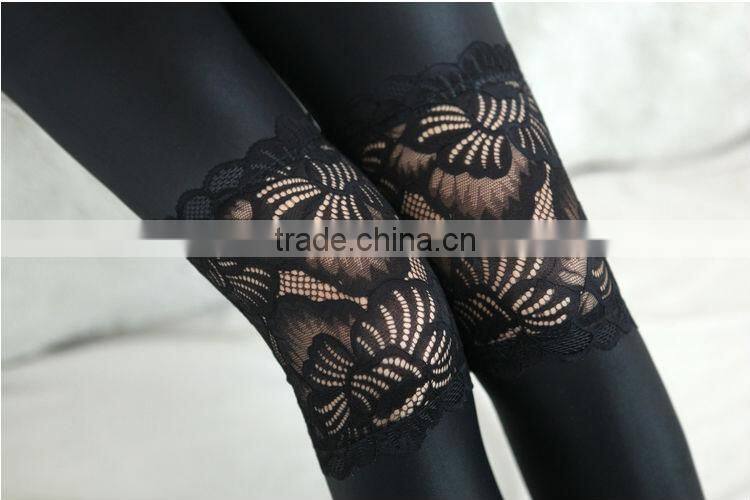 New Fashion Sexy Womens Faux Leather Stretch Leggings Knee Lace Tights Pants Wholesale