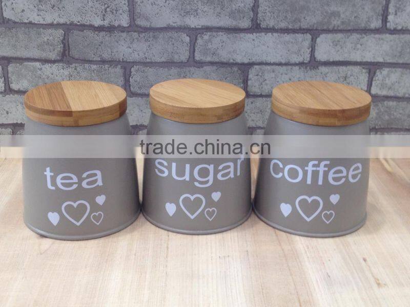 New customized pattern kitchen metal caddy tea sugar coffee canister jar with bamboo lid