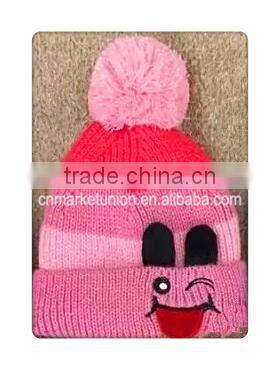 whole sale striated warm hat with happy face and top ball ,winter colorful caps