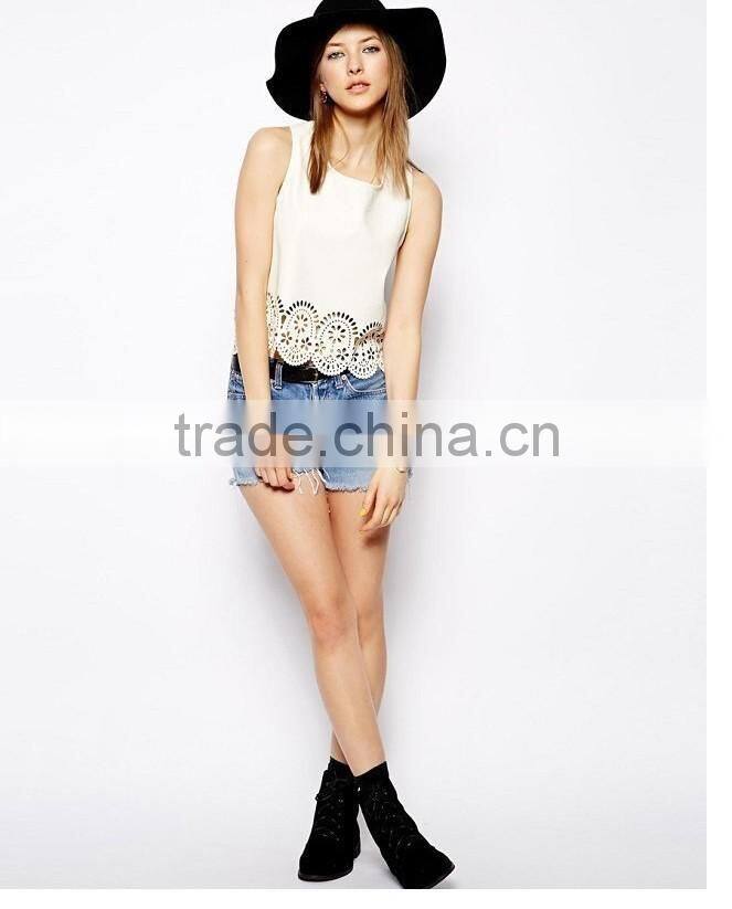 Fashion Sleeveless Tropical Roupas Blusas Femininas 2015 Summer Plum Flower Laser Cutting Chiffon Ladies Blouse Women Tops