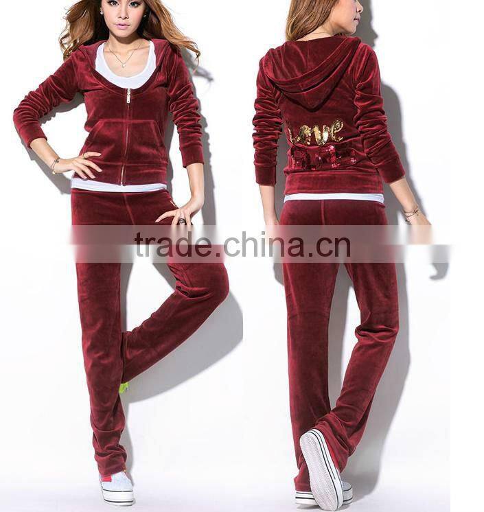 velvet long sleeve and pants training & jogging wear sets, women cotton hooded sweatshirt sets