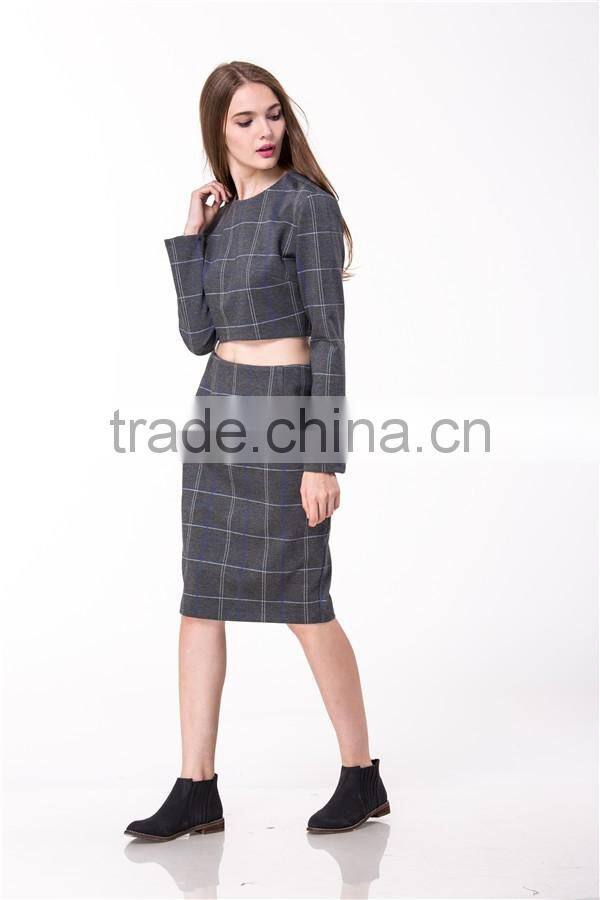 2017 New Arrival Grey Plaid Crop and High Waist Skirt Co-ord Set
