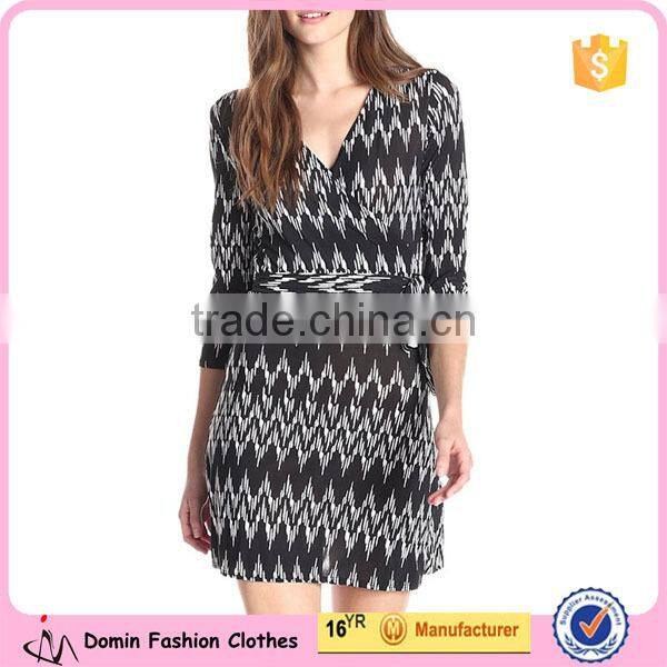 New Fashion Women Wrap Tie Waist Three-Quarter Sleeve A Line Dress