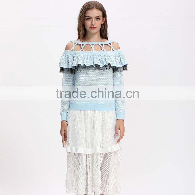 Lady fashion cutting long peasant sleeve blouse design