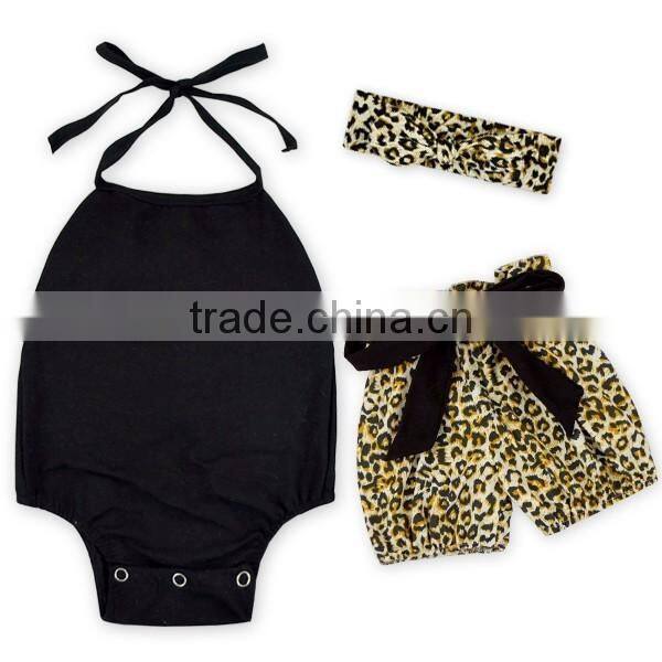 2016 black romper with leopard shorts simple design 3pcs set infants rompers suit