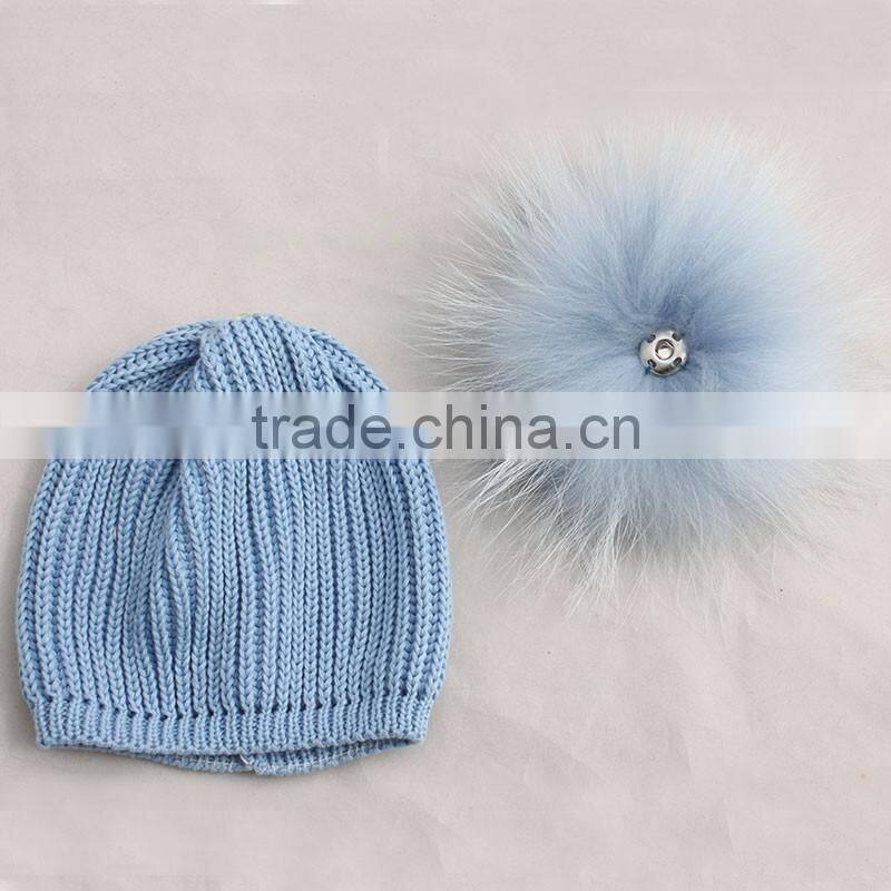 Myfur Customized Baby Knitted Hat with Genuine Dyed Raccoon Fur Pom Poms