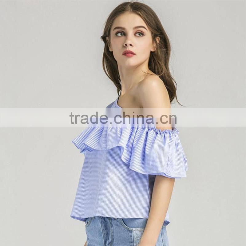 HOT style Plaid Flouncing Short Sleeve, Women Sexy One-shoulder Blouse