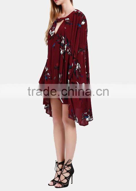 2017 Deep-v floral printed loose long sleeve sexy chiffon dress for lady