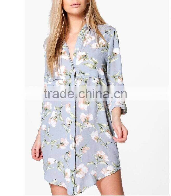 New Design Women Spring Summer Cartoon Pattern Print Shirt Dress