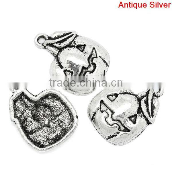 Iron Based Alloy Pendants Halloween Pumpkin Antique Silver Stripe 19.5mm x 14mm