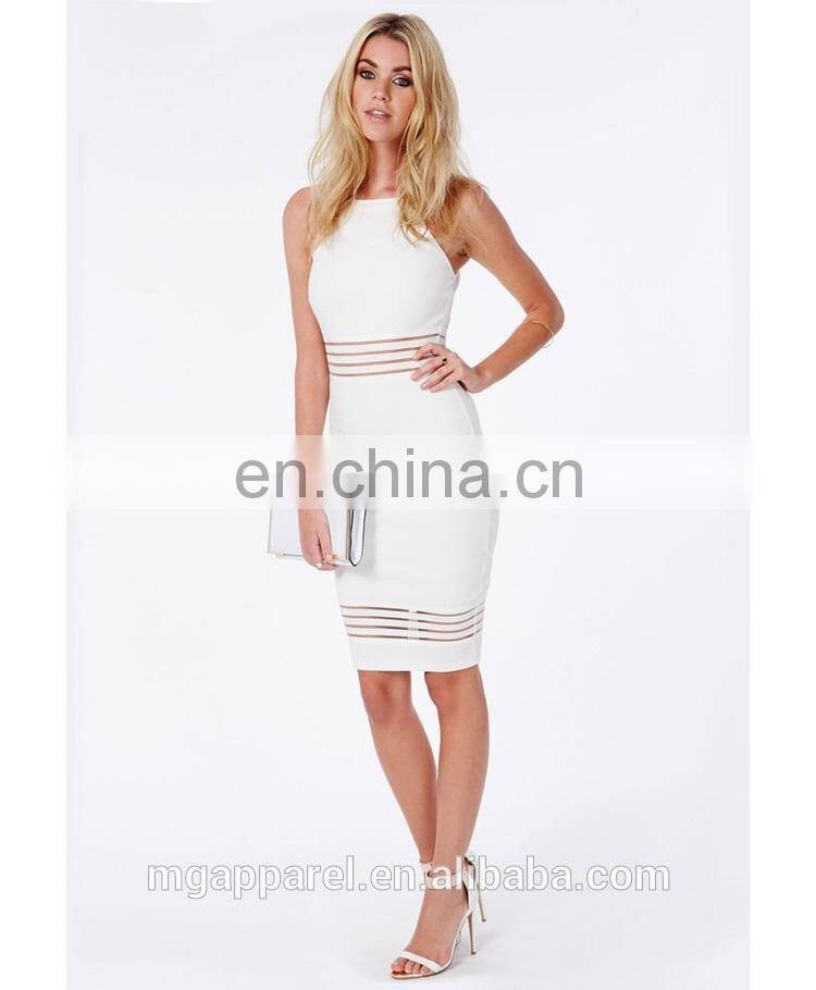 hot sales summer sexy strappy mesh detail white bodycon midi dress