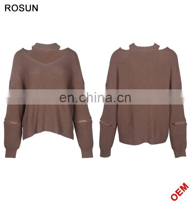 Knitwear Manufacturer Chocker Zip Sleeves Pullover Sweater for Woman