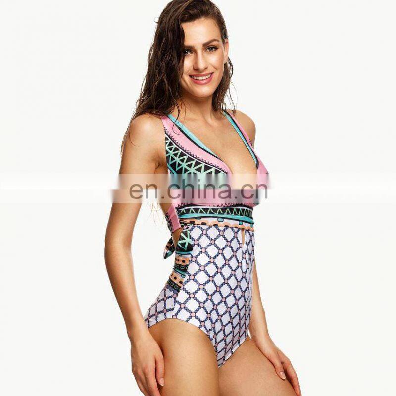 China swimsuit manufacturer push up bathing suits multicolor geo print cutout criss cross monokini