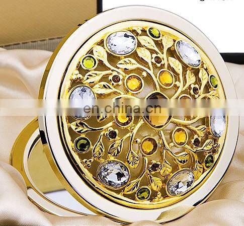 shiny stone and flower decoration gold metal pocetk mirror