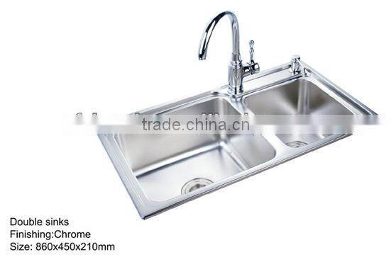 Deep Double Bowl Handmade Stainless Steel Kitchen Sinks With double drainboard