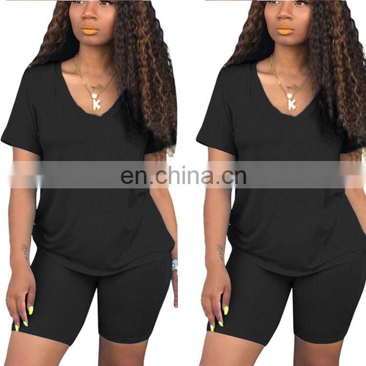 Clothing manufacturers custom logo women's plus size summer V-neck casual sports t-shirt + shorts jogging suit