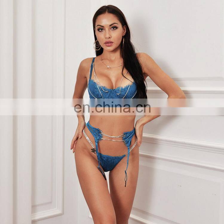 2021 New Design Lace Sexy Rhinestone Chain Shiny Sequined Lingeri