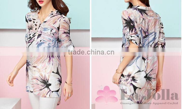 Latest Summer Fashion Ladies Long Style Flower Printed Chiffon Short Sleeves T-shirt 111