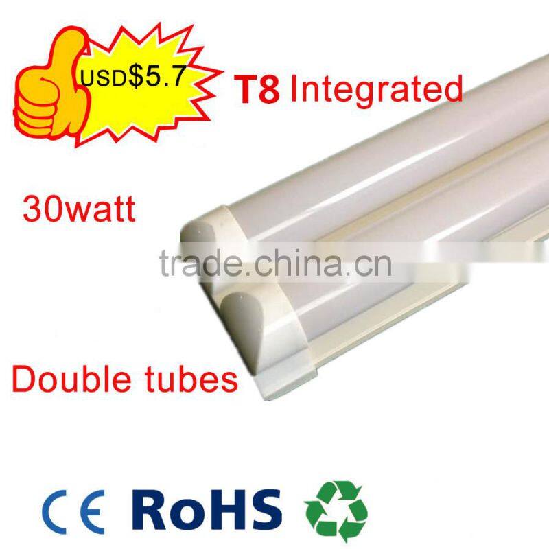 1200mm Integrated t8 tubes wholly plastic smd2835 100-265V 90lm/w 30w 4ft led double tube fluorescent lamp