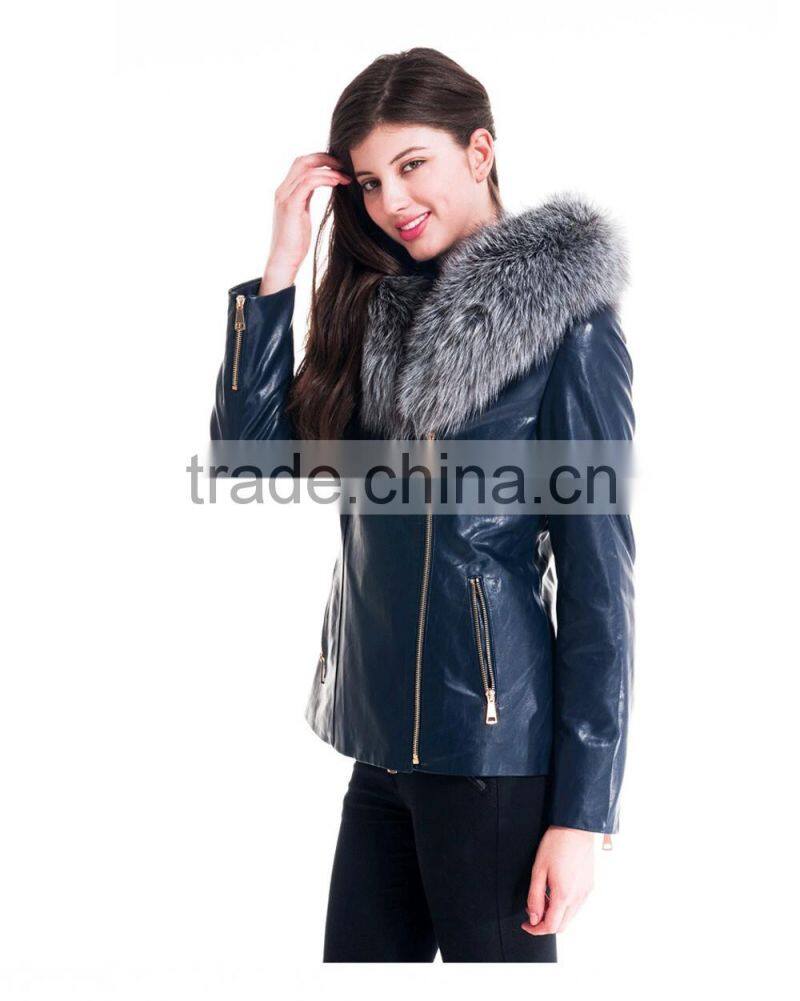 2015 New Design Women Leather Winter Jacket With Short Silver Fox Hat Overcoat