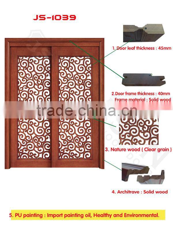 Flower carving wooden glass door new design