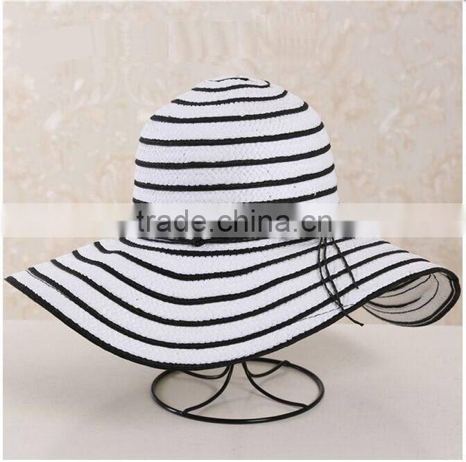 QXSH0053B Wide brim straw hat New summer striped bucket beach hat