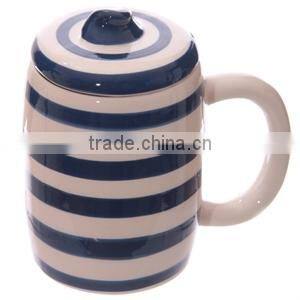Ceramic Blue & White Striped Mug with Lid