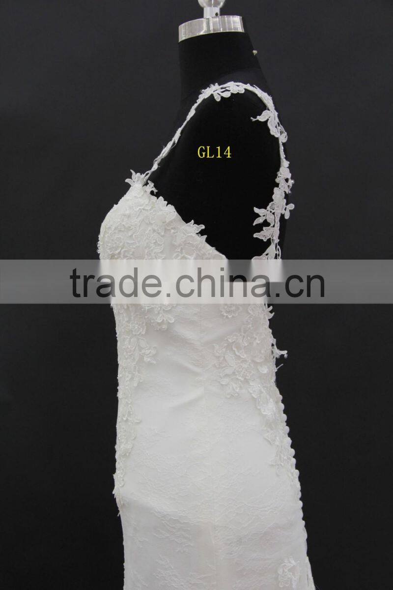 New french over lace sheath pattern long tail wedding dress with slim straps