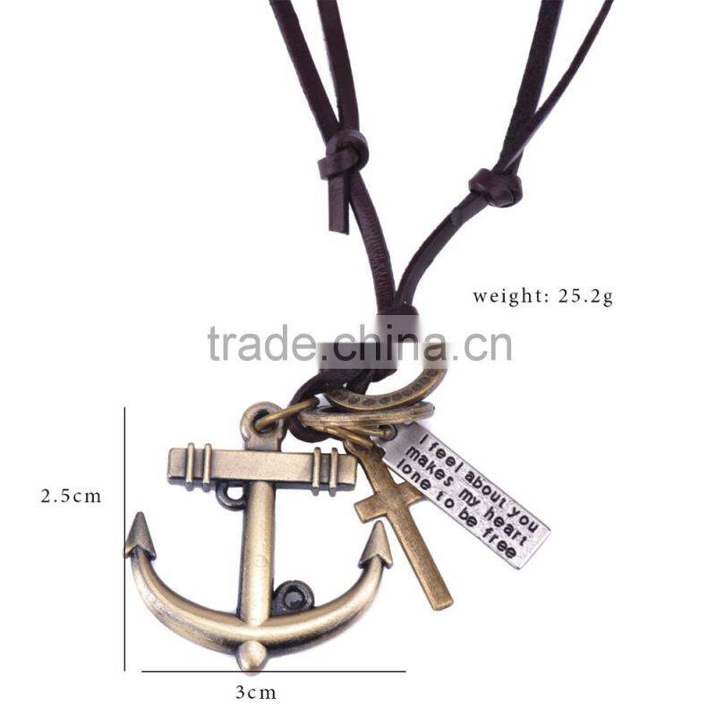 Genuine Leather Necklace with Antique Brass Anchor Pendant.