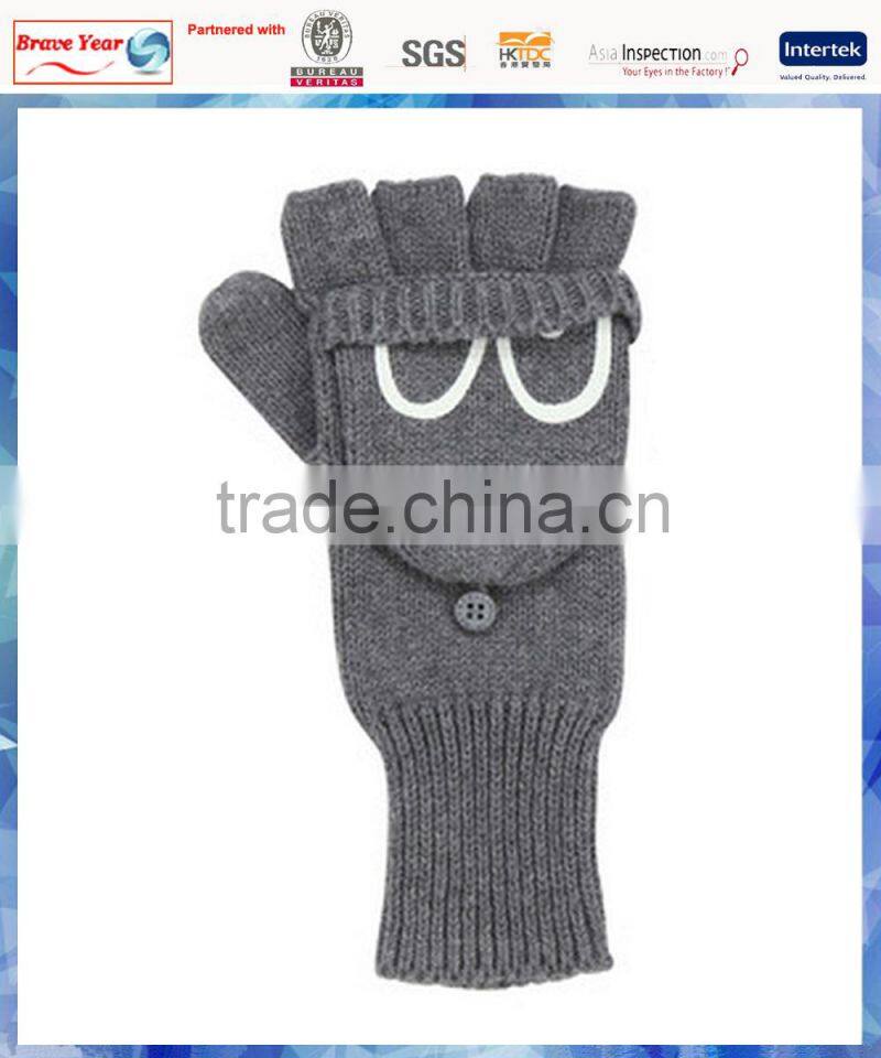 100% acrylic grey knitted half finger gloves with monkey eyes cover