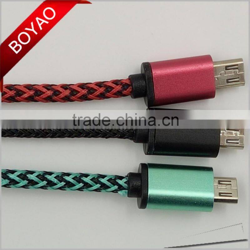 2016 Wholesale Colorful nylon braided micro usb cable, round usb charging cable, 2A usb data cable
