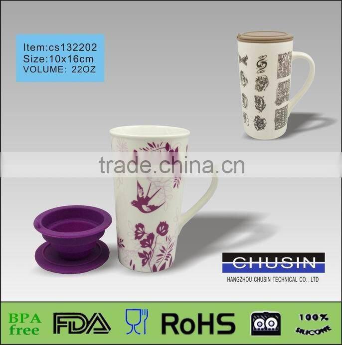 promotion flower ceramic mug with silicone lid