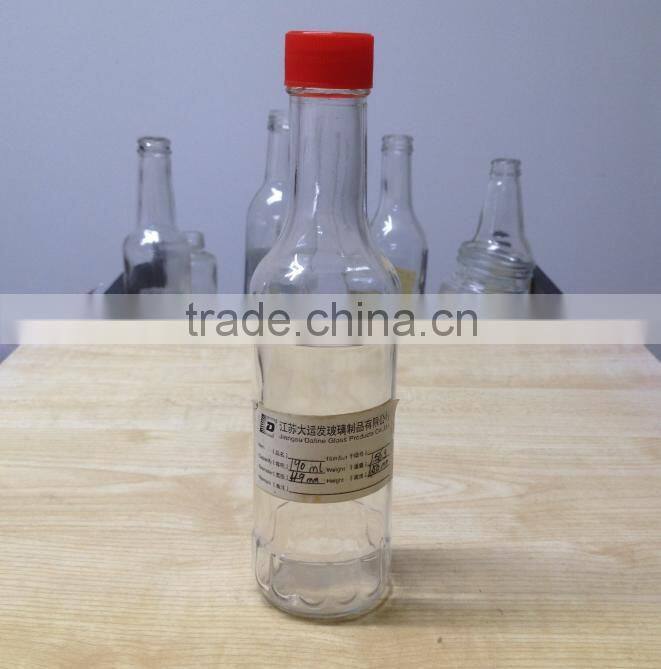 190ml Clear Glass Sauce Bottles w/ Red Ribbed Lined Caps & Orifice Reducers