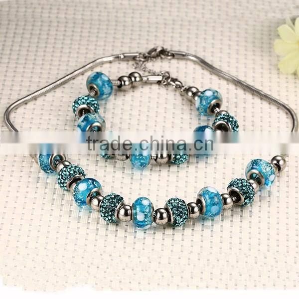 Fashion Women Blue Glass Stainless Steel Necklace And Bracelet Jewelry Sets