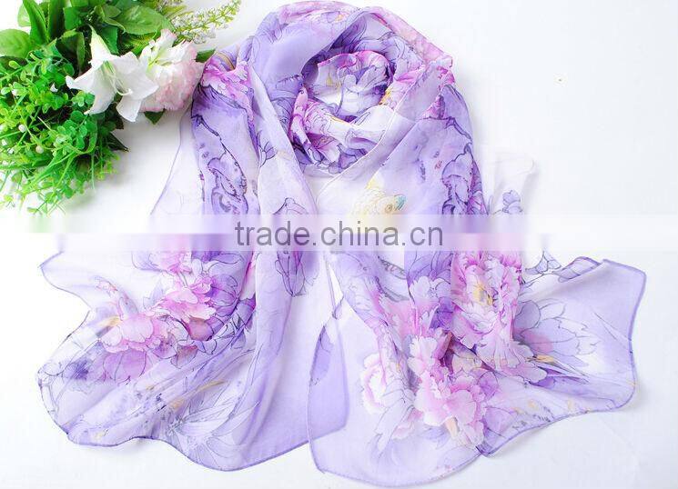 Fashion Spring and Summer Women Sun Shade Shawl Silk Long Scarf Bird Flower Pattern Ladies Scarves Wholesale