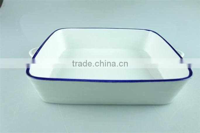 White blue line zakka style enamel ceramic baking dish with handles rectangular baking dish