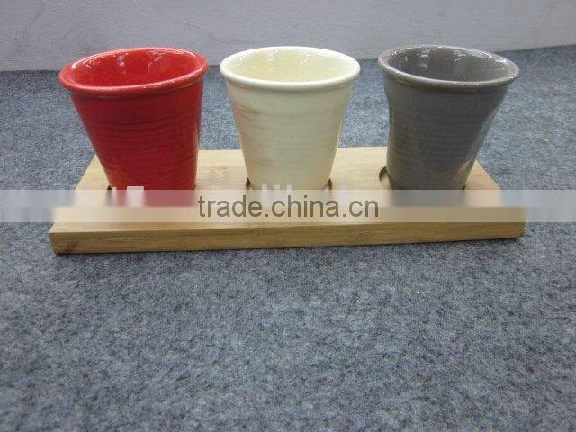 Set of 3 ceramic coffee cup plate set with wooden tray,snack tray