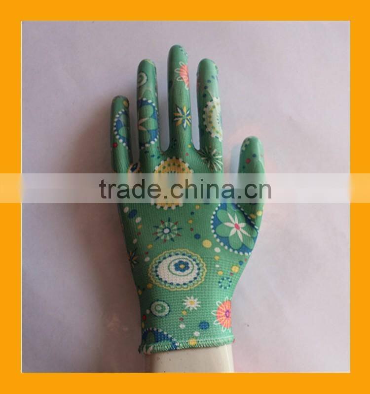 Polyester Printing Transparent Nitrile Palm Coated Garden Working Gloves