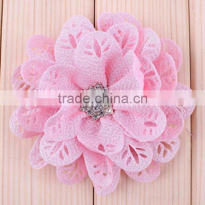 hot cutting fabric flower with rhinestone center for kids hair accessories