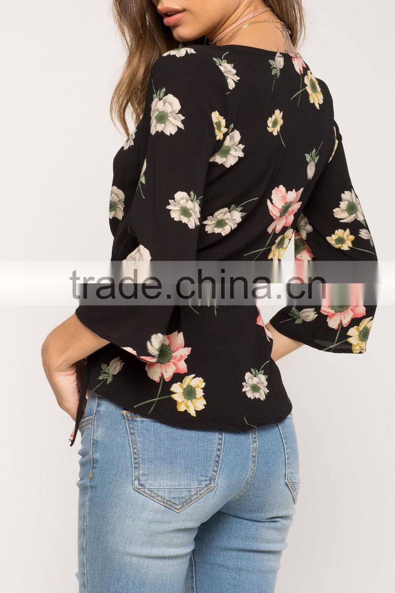 New designs ladies fashion deep v neck 3/4 sleeveless floral print surplice wrap blouse