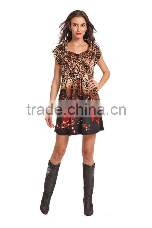 Ladies'Fashion Angora Sweater Dress With City View Pirnted