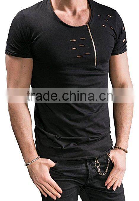 Curved hem blank distressed t shirts mock holes longline tee