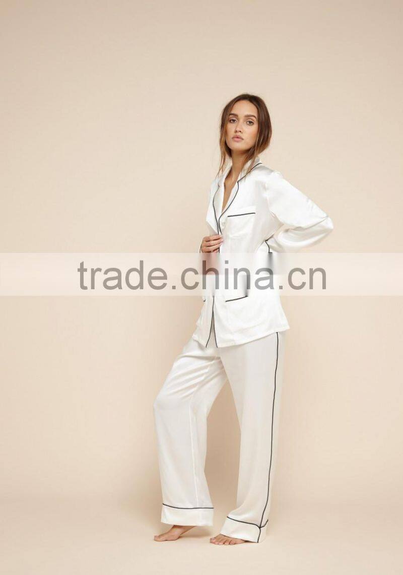 Fashion Suraa Embroidered Pyjama Piping Pocket Long Sleeve Silk Pajamas Set For Women Sleepwear With High Quality