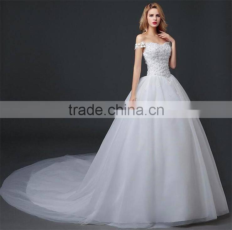 MGOO Stock Off Shoulder Flower Emboridery Beaded Back Straps Crossover Wedding Dress Bride Princess Dress