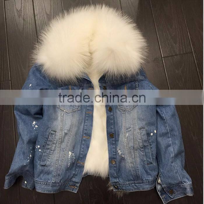 Myfur Cute Peach Fur Lining and Raccoon Fur Collar Trimmed Jeans Parka