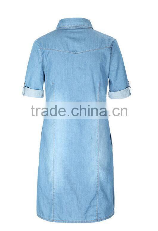 EY1932B Hot selling classical shirt dress apparel fashion rolled sleeves denim dress